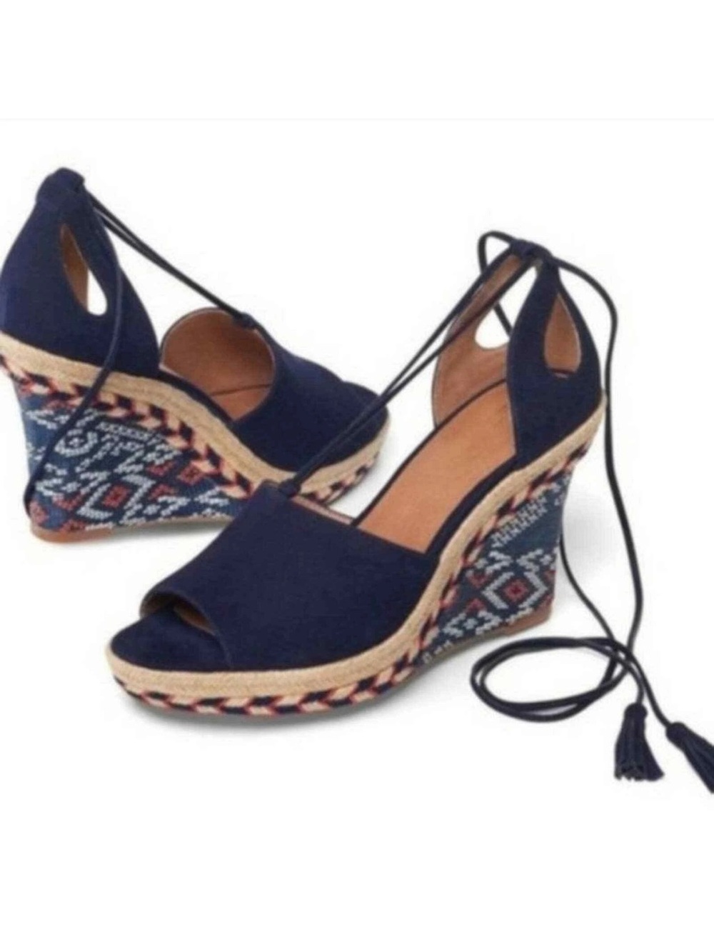 Cabi Isla Navy Suede Espadrille Wedge Sandals - Geometric Boho Ankle Tie Size 7 - Picture 3 of 14
